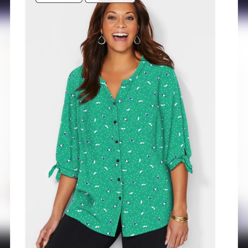 EUC Catherine's Georgette buttonfront tie sleeve cafe blouse green print 5xl